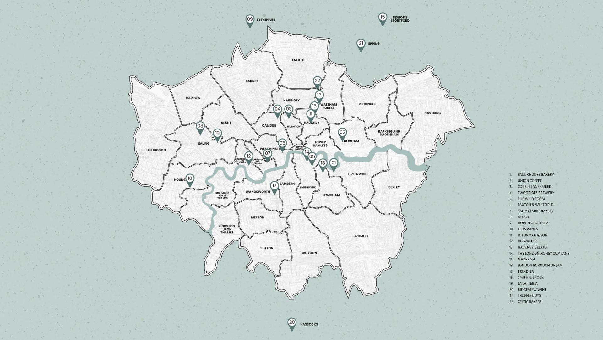 Map of London and the surrounding area, pinpointing suppliers.